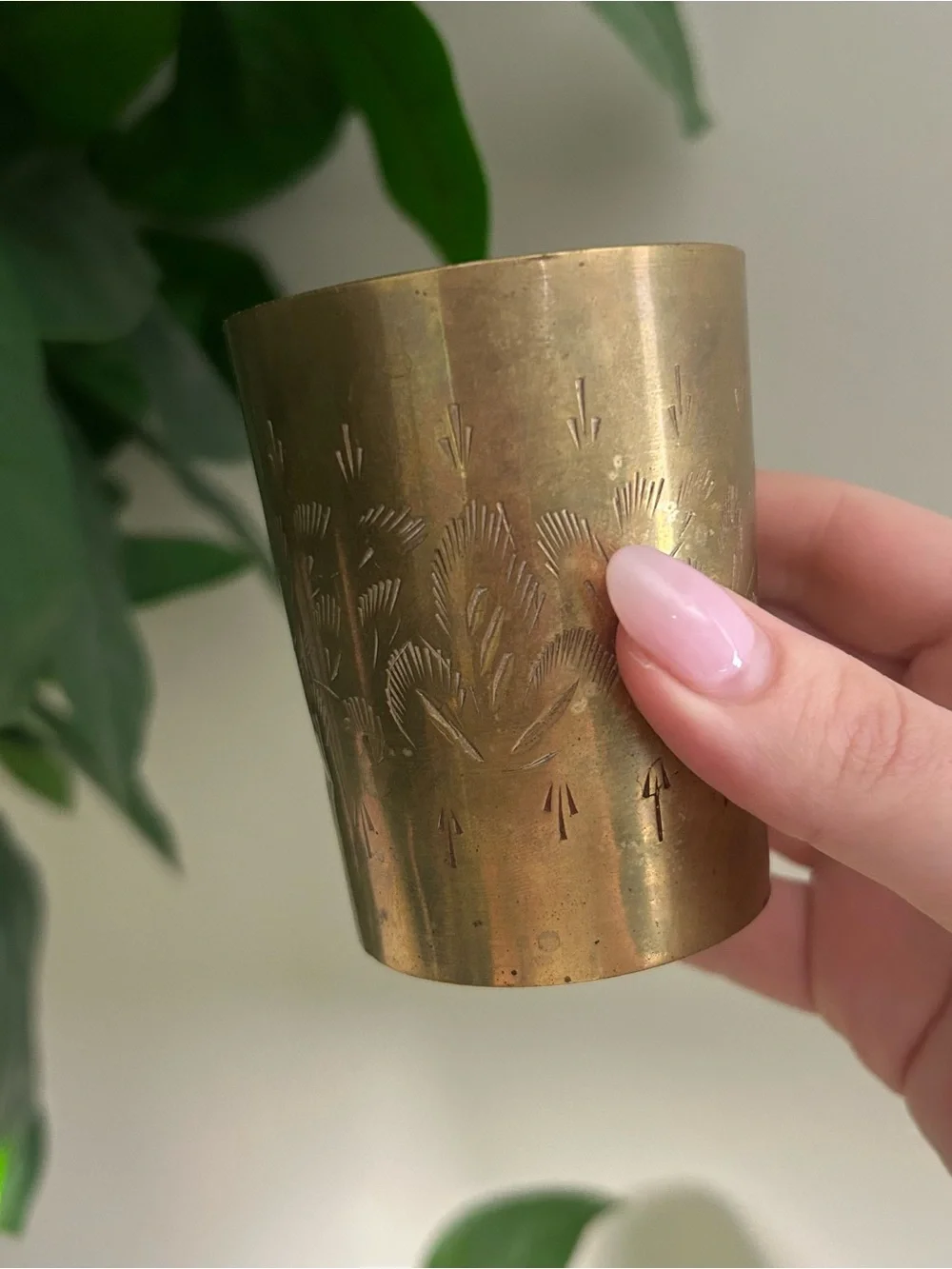 Vintage Brass Tumbler with Etched Floral Motif - Picture 1 of 4